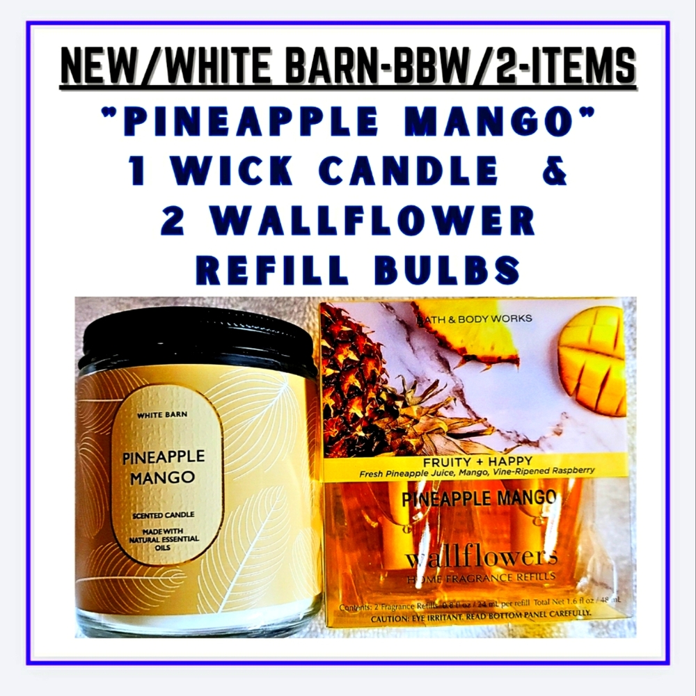 🔥2-ITEMS NEW/BBW "PINEAPPLE MANGO" 1-WICK CANDLE & 2 WALLFLOWER BULBS